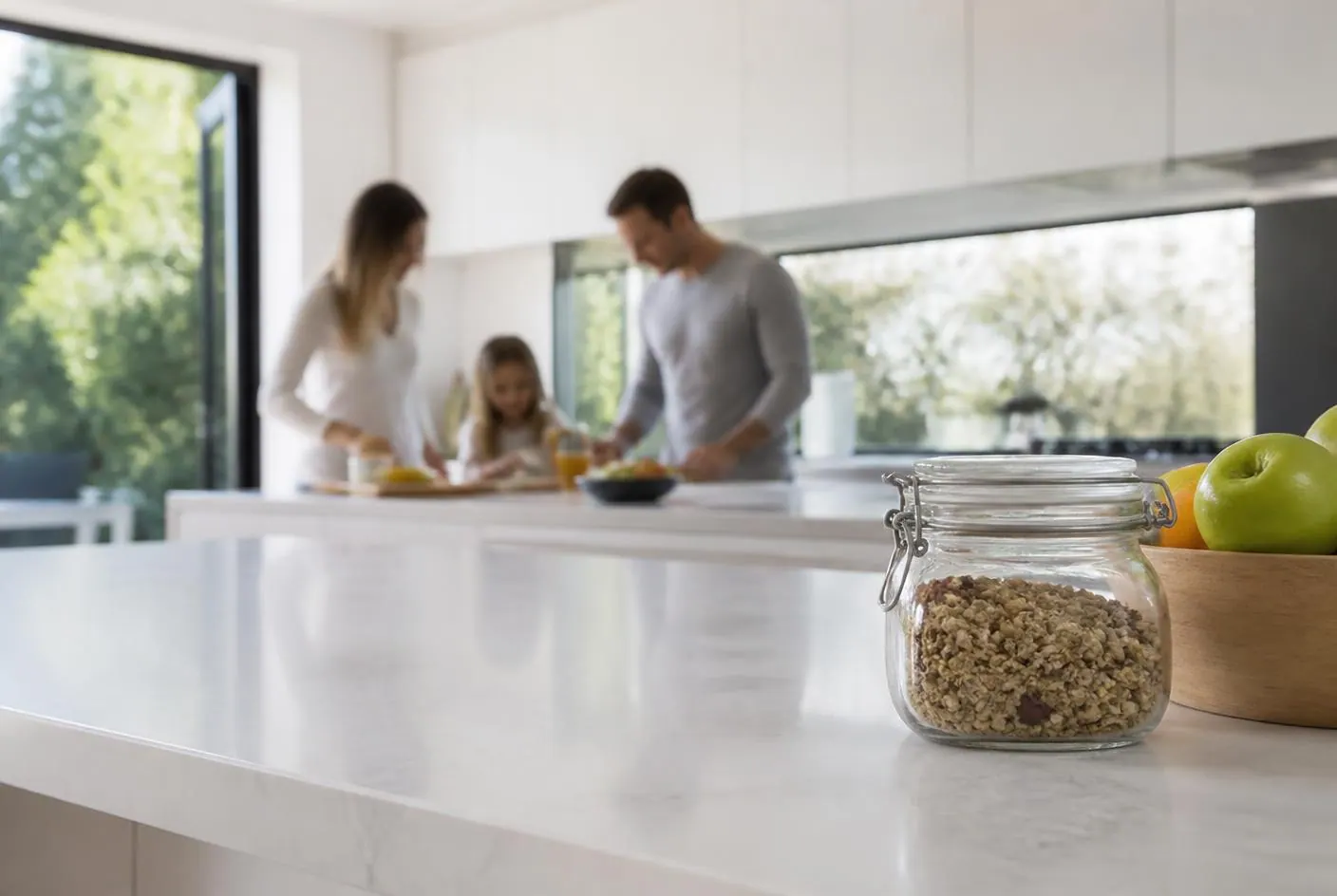 Family using a clean modern Sydney kitchen after the ant colony has been treated