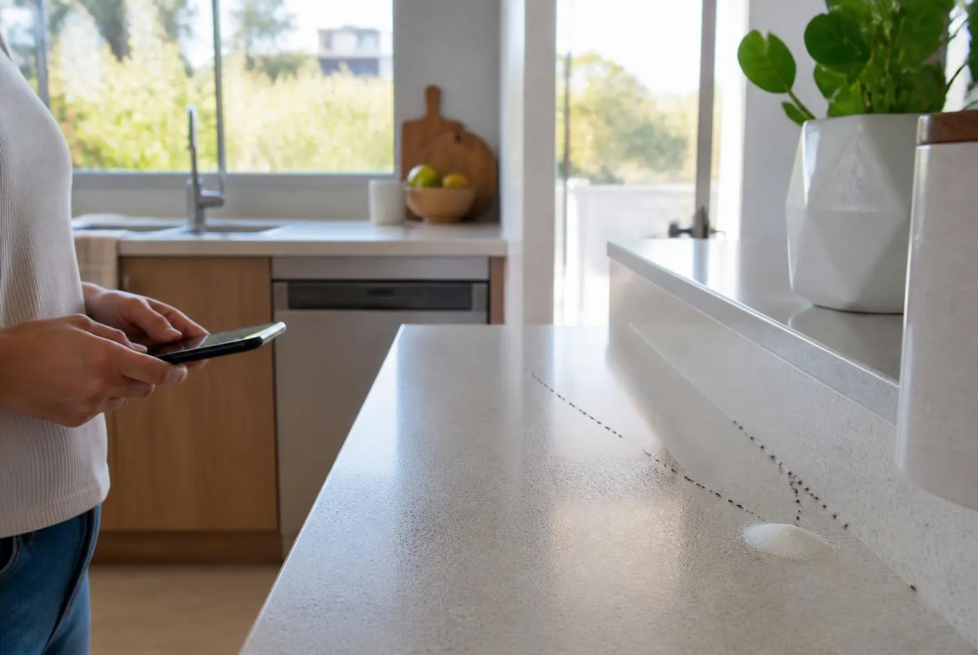 Sydney homeowner reporting an ant trail across a modern kitchen bench