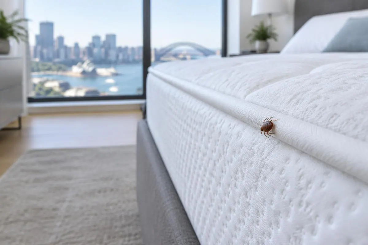 Bed bug on a mattress seam in a modern Sydney apartment bedroom