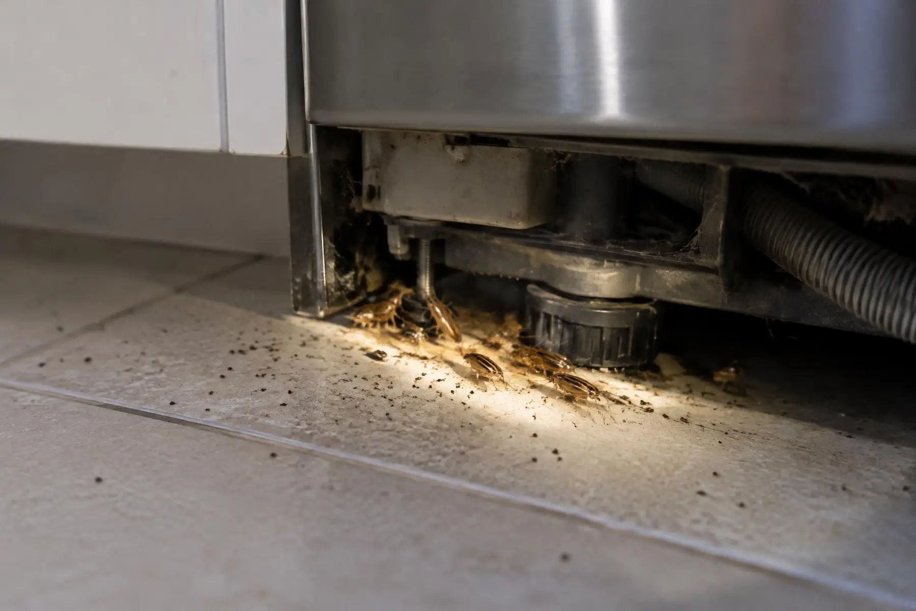 German cockroaches and droppings under a kitchen dishwasher after the kickboard was removed