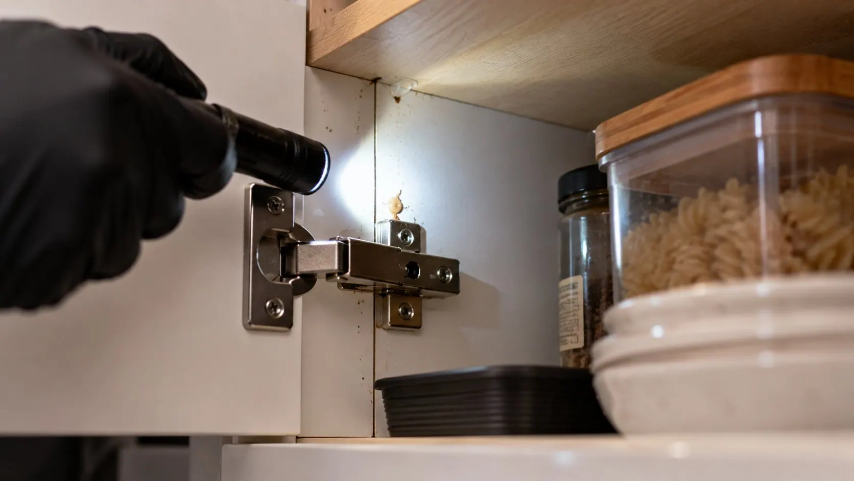Pest control follow-up inspection inside a kitchen cupboard