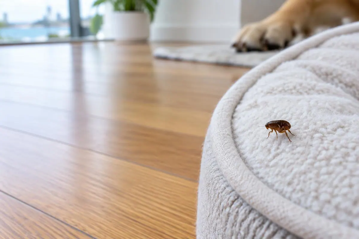Flea on a pale pet bed inside a clean Sydney home