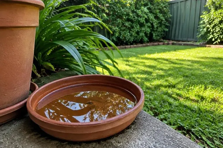 Standing water in a plant pot saucer in a backyard