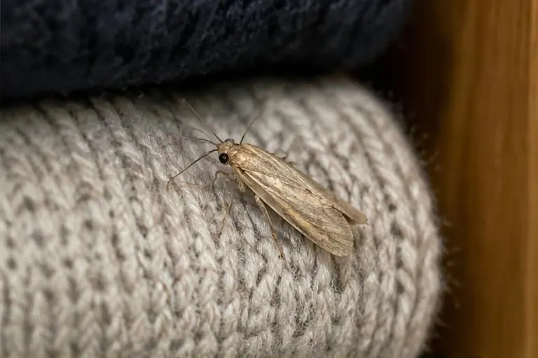 Beige clothes moth resting on wool knit inside a wardrobe