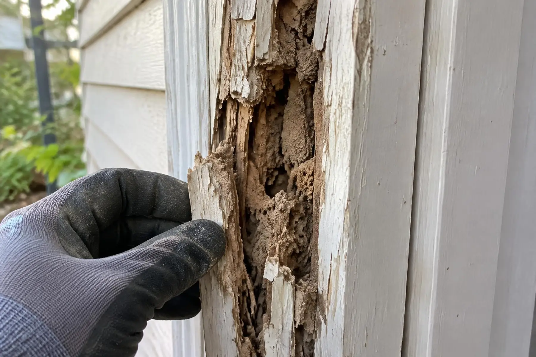 Gloved hand probing a crumbling timber door frame on a weatherboard home, revealing termite galleries inside