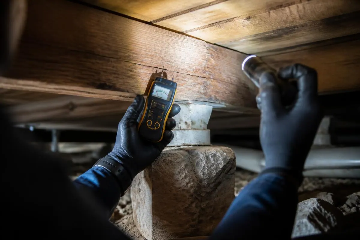 Inspector checking subfloor timber with a moisture meter and torch