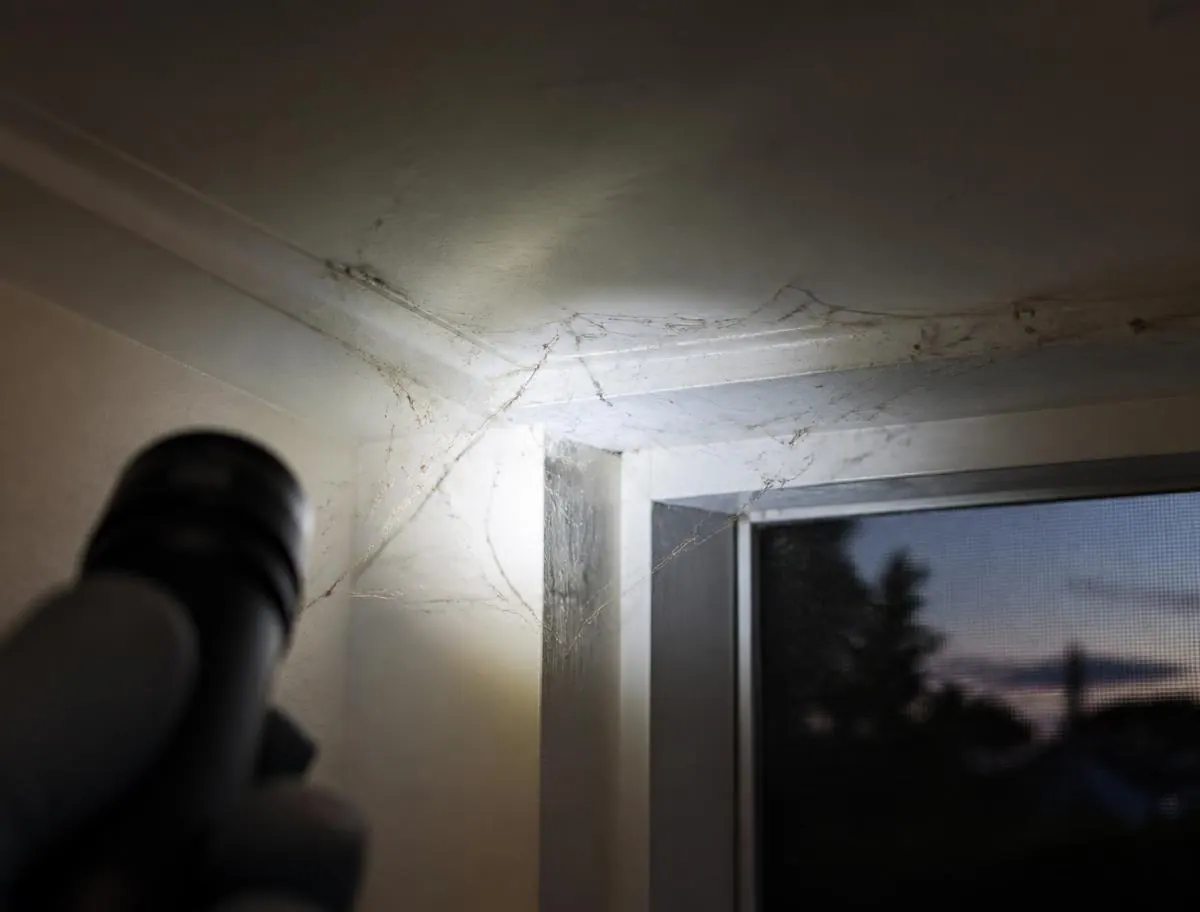 Torch light checking cobwebs in a ceiling corner during a follow-up pest inspection