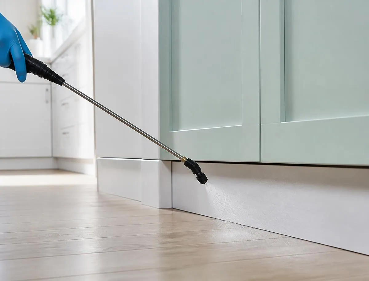 Close-up of a pest control spray wand treating the skirting board along a kitchen cupboard