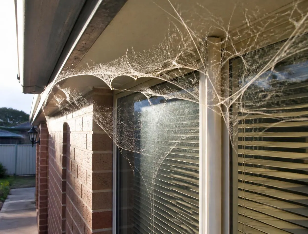 Webbing rebuilt across eaves and windows within days, a sign checked during spider control