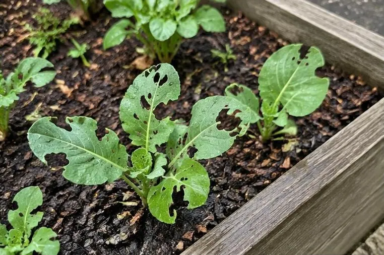Chewed seedlings in a raised vegetable bed