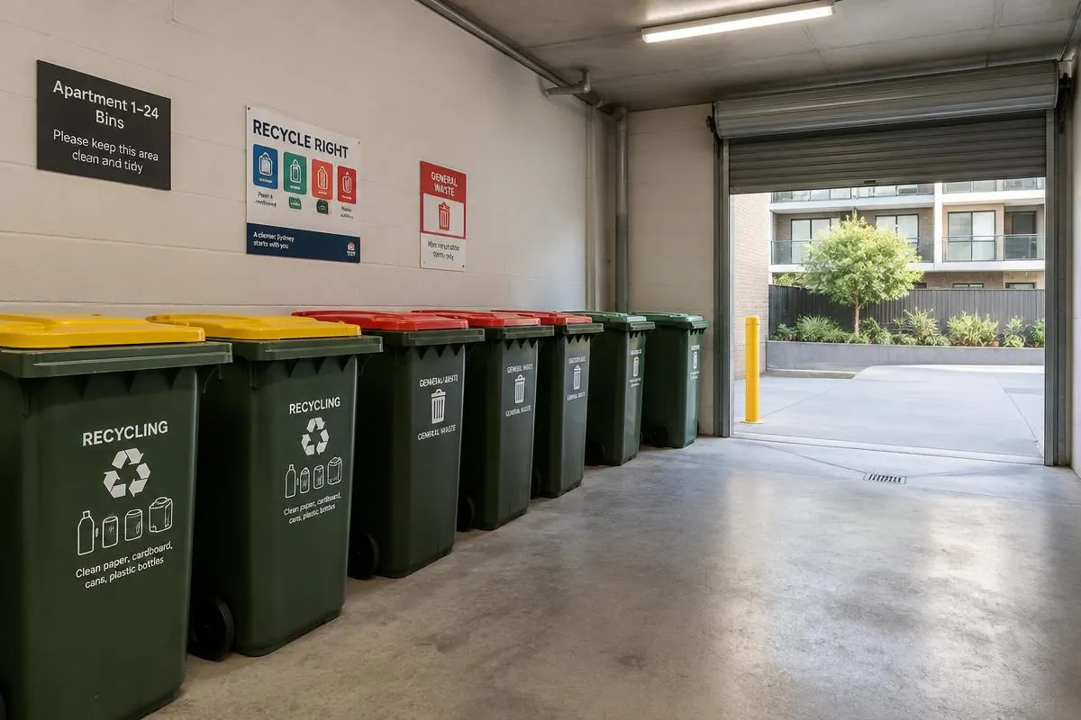 Bin room of a Sydney apartment building with wheelie bins and recycling signage