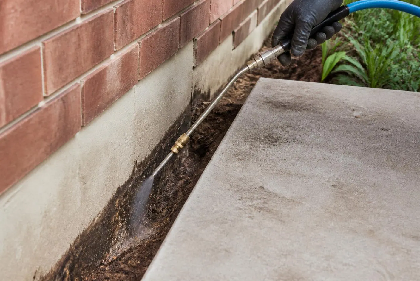 Chemical termite soil barrier being installed beside the brick foundation of a Sydney home