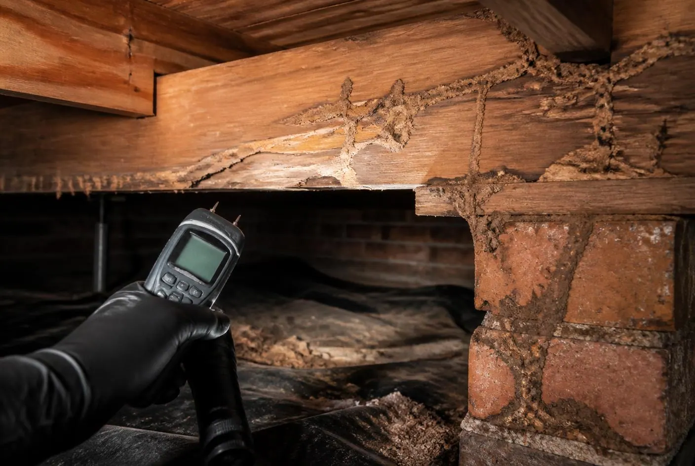 Termite mud leads and damaged subfloor timber being checked with a moisture meter beneath a Sydney home