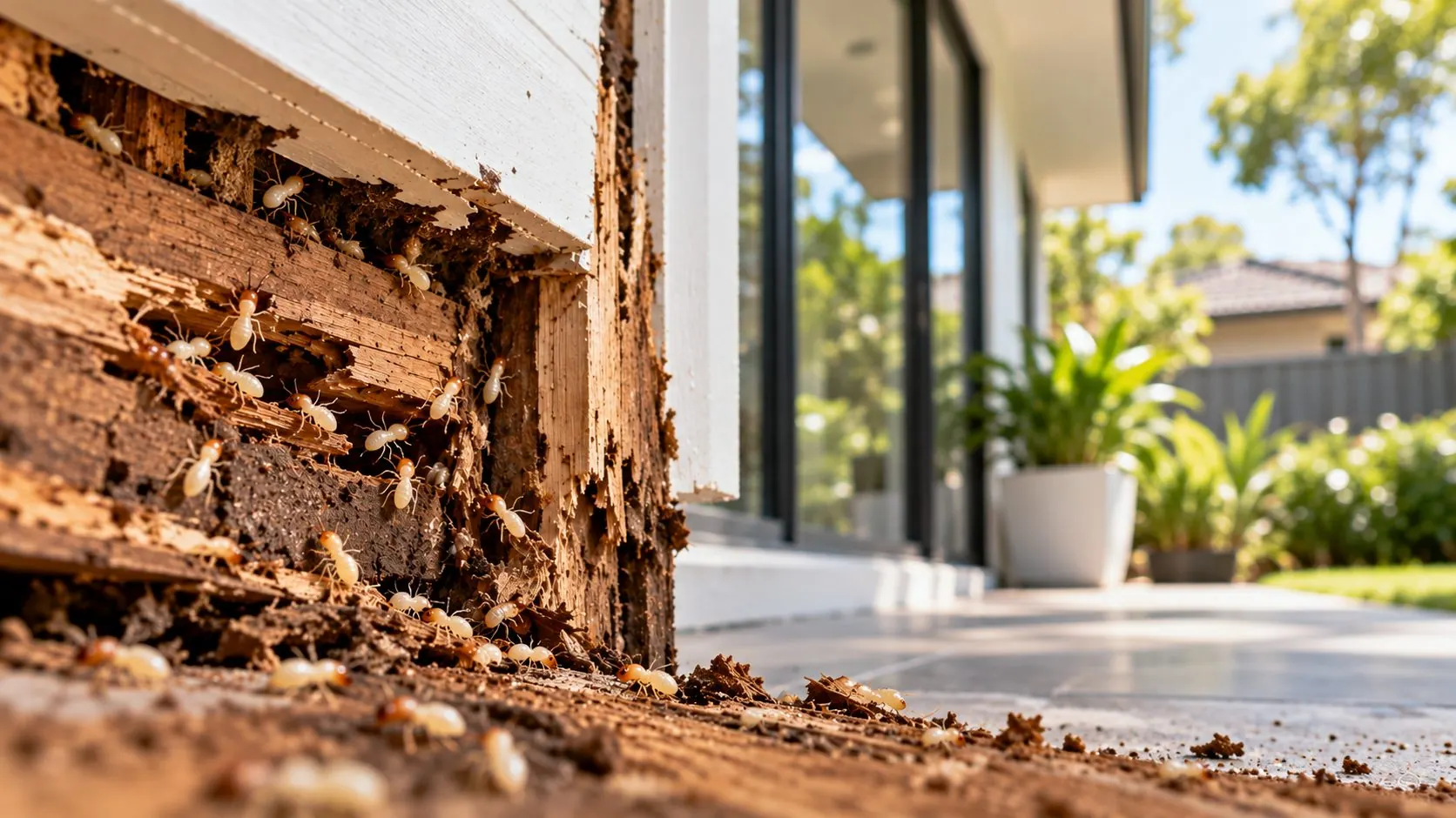 Termites visible on damaged timber framing inside a Sydney home
