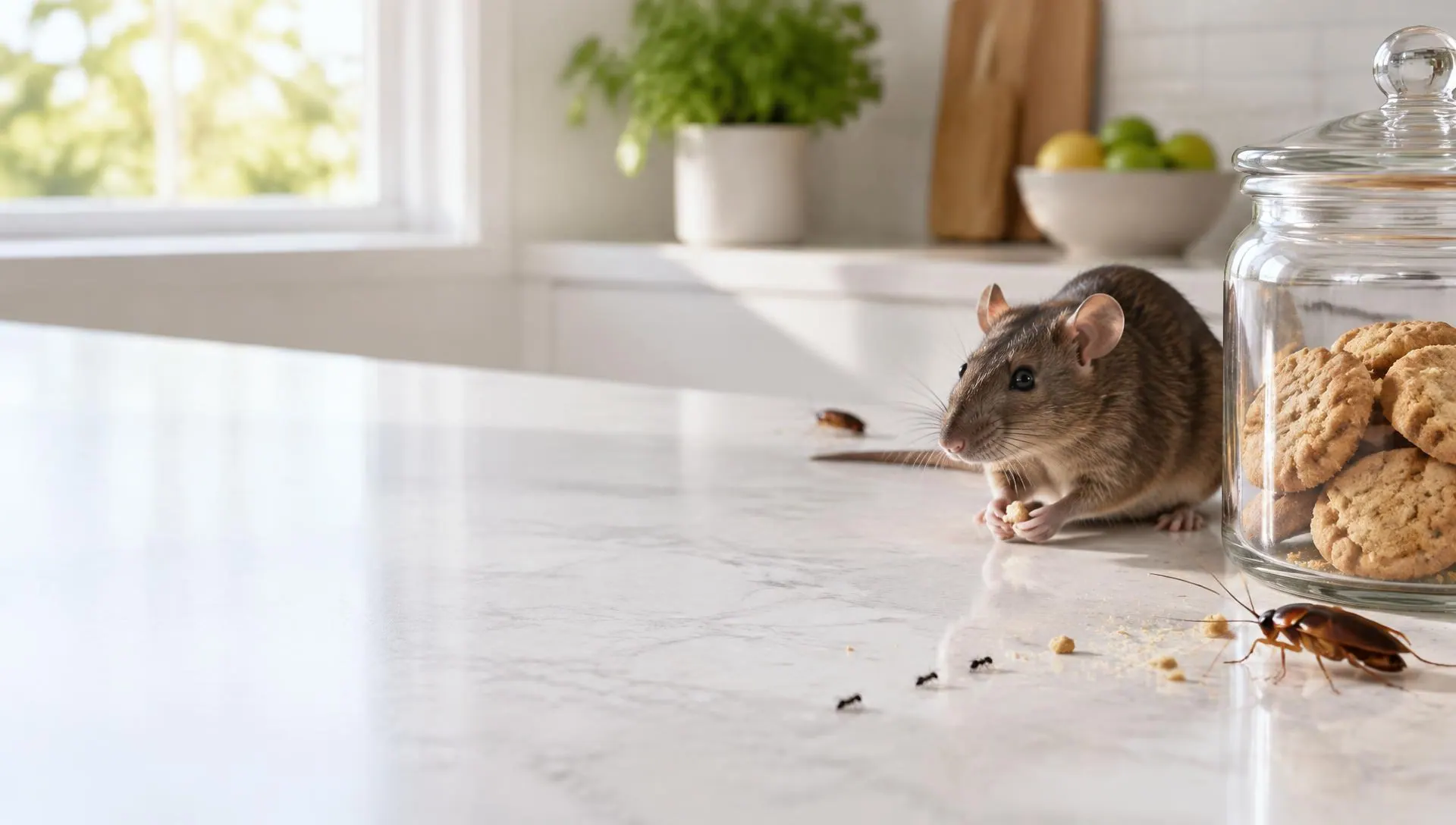 Rat, cockroach and a few ants on a bright kitchen bench