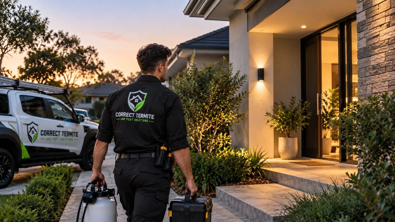 A pest technician walking to a Sydney home at dusk with the Correct Termite and Pest Solutions ute parked outside