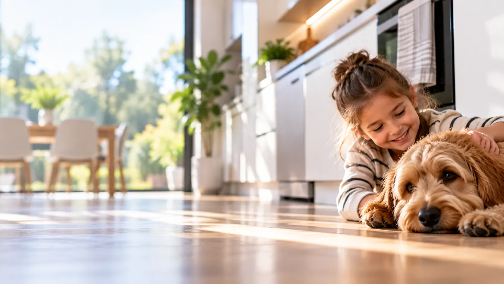 A child playing with a dog on the floor of a clean, sunlit kitchen